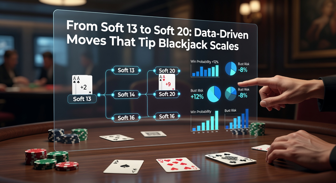 Darstellung einer Soft-Hand mit Ass und 2 in einem Blackjack-Spiel, umgeben von Strategie-Charts