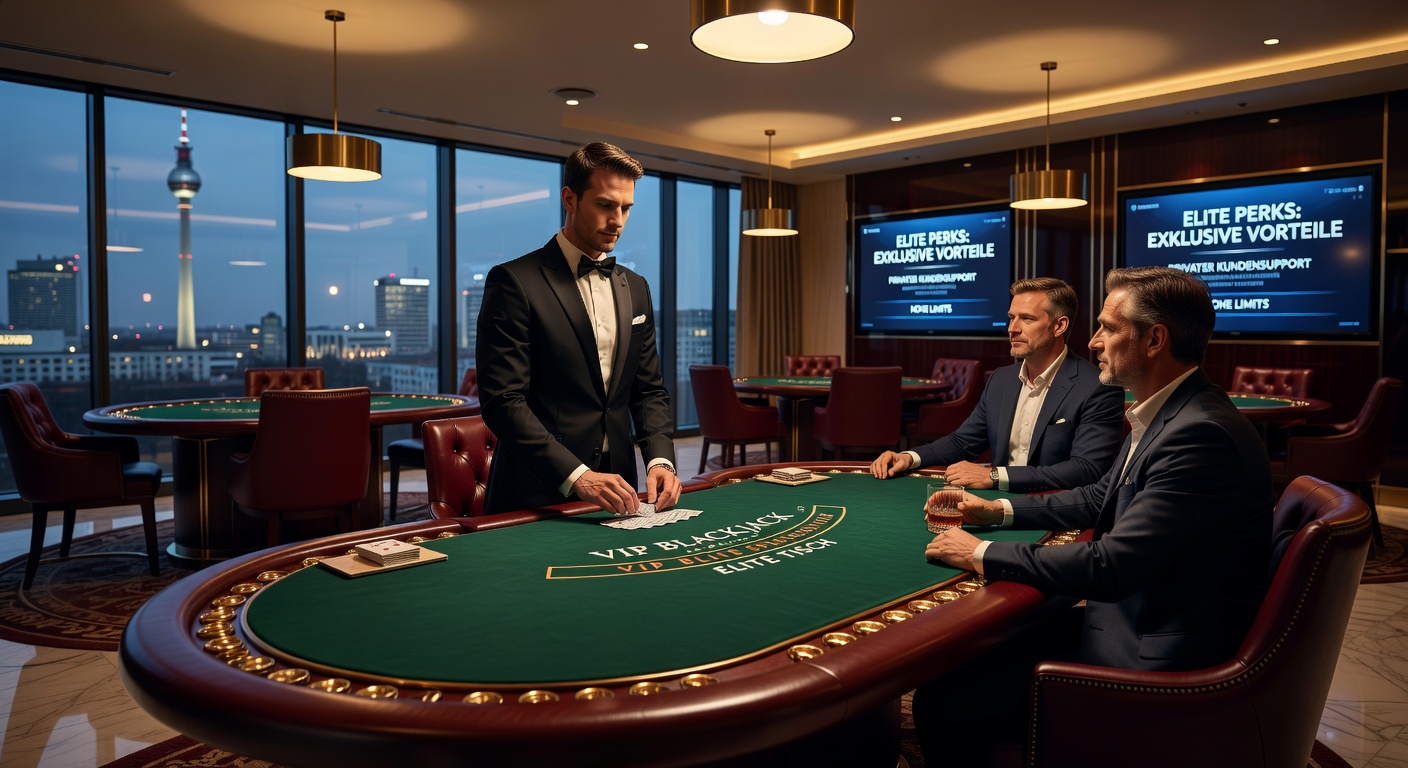 Ein eleganter VIP-Blackjack-Tisch in einem Online-Casino-Lounge mit kristallenen Leuchtern und exklusiven Spielern