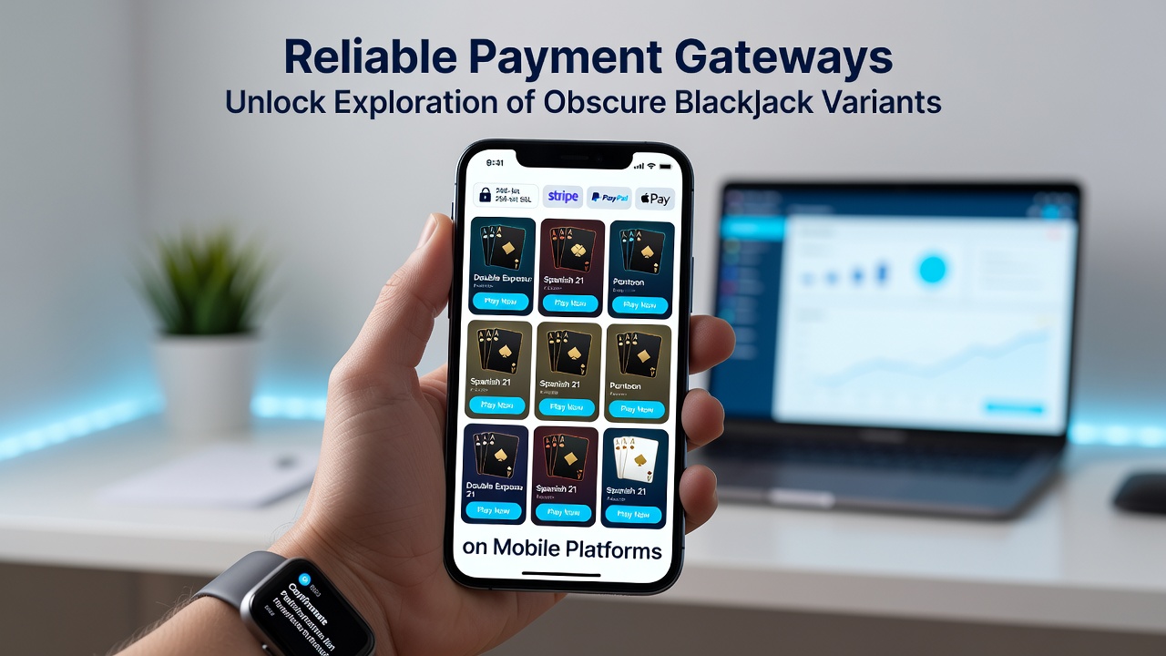 Smartphone-Display mit Blackjack-Varianten und Zahlungsgateway-Symbolen