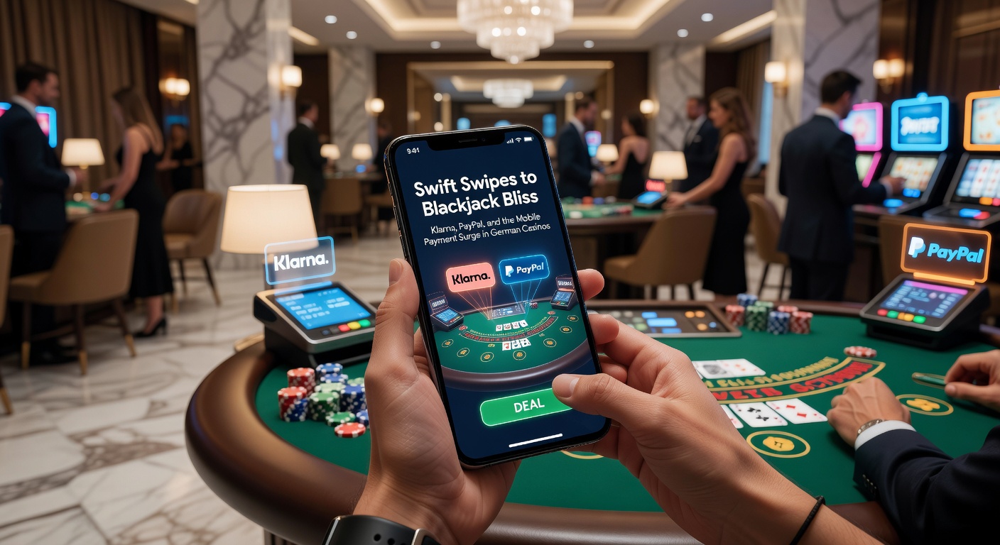 Smartphone zeigt mobile Casino-App mit Klarna- und PayPal-Zahlungsoptionen während eines Blackjack-Spiels